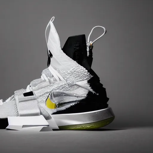 Image similar to a studio photoshoot of A Nike Lebron sneaker designed by Virgil Abloh, mesh fabrics, Off-White, realistic, color film photography by Tlyer Mitchell, 35 mm, graflex