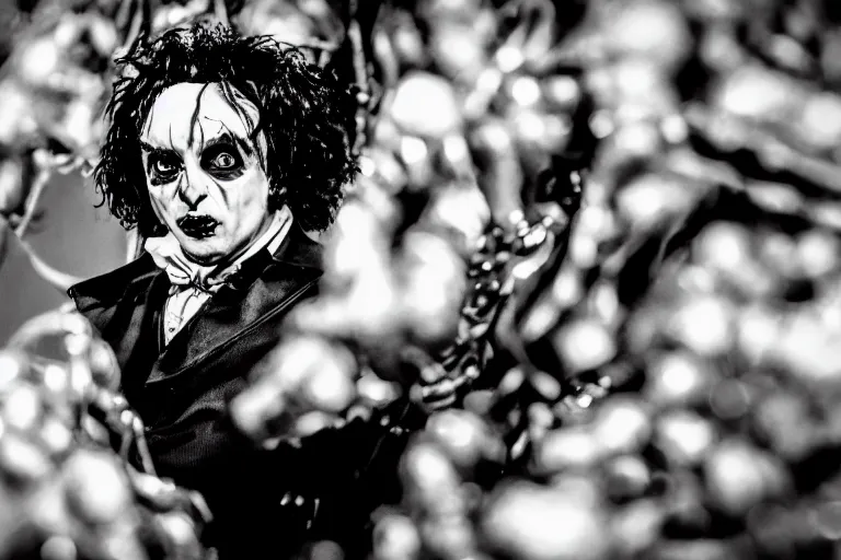 Image similar to edward scissor hands as a character in tim burton's willy wonka's chocolate factory movie, all faces are distorted contorted, shock, repulsion, disgust, annoyance, cinematic still, movie still, long lens, shallow depth of field, bokeh, anamorphic lens flare, 8 k