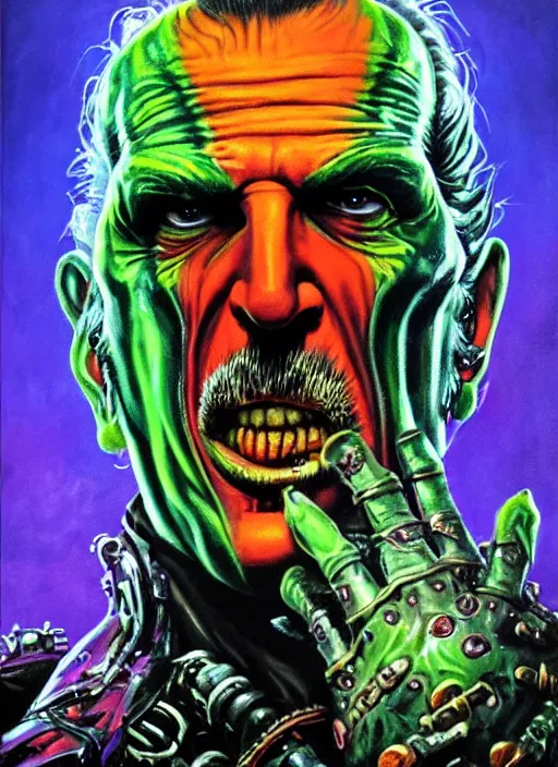 Prompt: vincent price as an apocalyptic scifi orcish biker character, psychedelic vibrant colors, futuristic punk rock fashion, oil painting by michael whelan art, perfect face, sharp focus, detailed eyes, realistic, 8 k