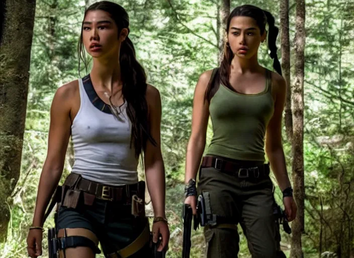 Image similar to film still of!!!! amber midthunder!!! as lara croft in new tomb raider movie, 8 k