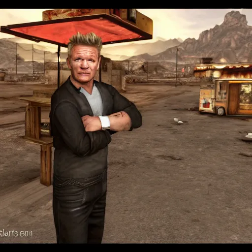 Image similar to gordon ramsay as street food vendor in fallout new vegas, very detailed, realistic, 4 k, professional photography