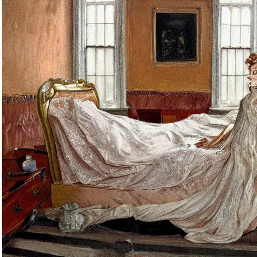 Image similar to painting of emma stone!!! on a victorian bed in a big old room, wide shot by lucian freud