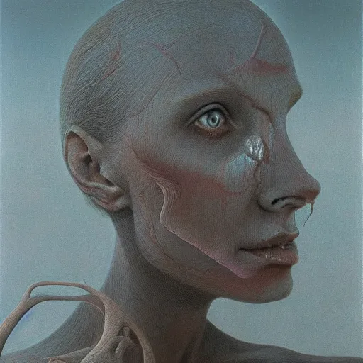 Image similar to her eyes wide by zdzisław beksinski, oil on canvas