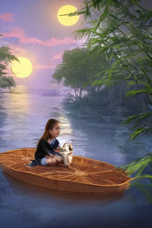 Prompt: a little girl and her puppy sit in a small bamboo boat in a lake, with renaissance ambiance, moonlit night dreamy atmosphere, artstation, 8K