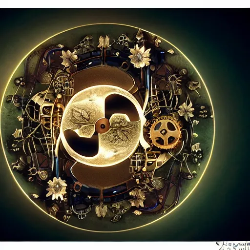 Prompt: a beautiful intricate fine art close-up photo of a mechanical industrial steampunk cybernetic yin yang symbol, overgrown with morning glory flowers, Montserrat leaves by tom bagshaw and zach sutton, golden ratio composition, studio lighting, 50mm lens, very detailed, bionic, cybernetic scifi, deep depth of field, artstation, 8K, highly coherent