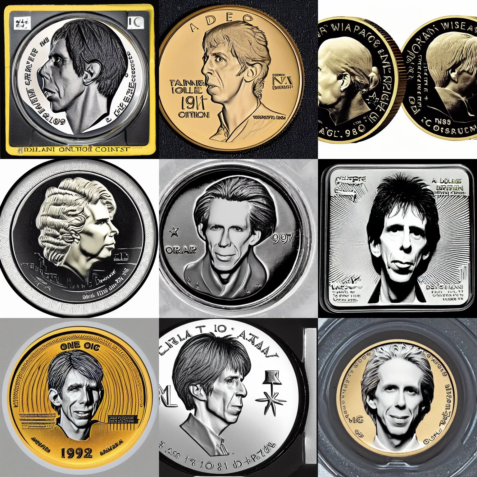 Prompt: a limited edition 1987 dollar coin with Ric Ocasek's face embossed on the front, archive photo