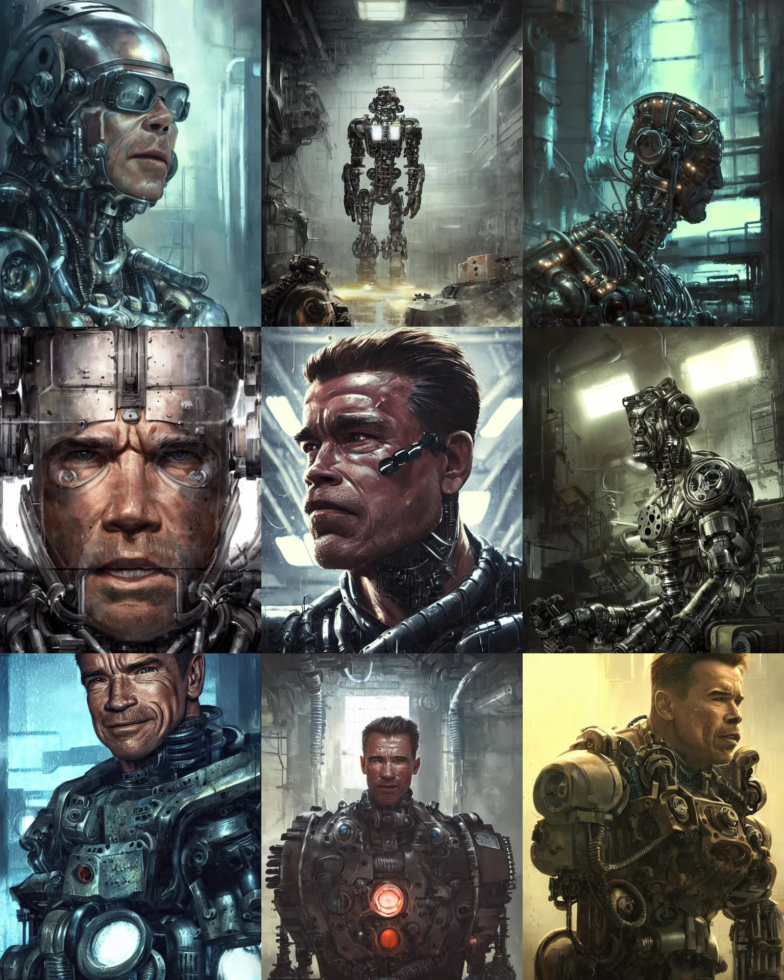 Prompt: a rugged engineer schwarzenegger with cybernetic enhancements in a melting factory, scifi character portrait by greg rutkowski, esuthio, craig mullins, 1 / 4 headshot, cinematic lighting, dystopian scifi gear, gloomy, profile picture, mechanical, half robot, implants, steampunk