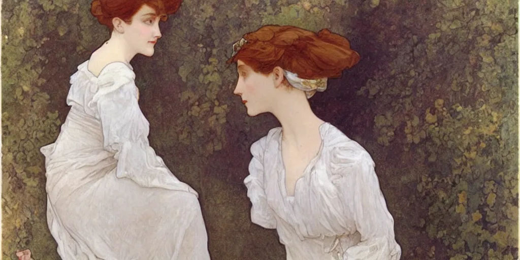 Image similar to a young edwardian woman wearing a white blouse and a grey skirt, in the style of mucha