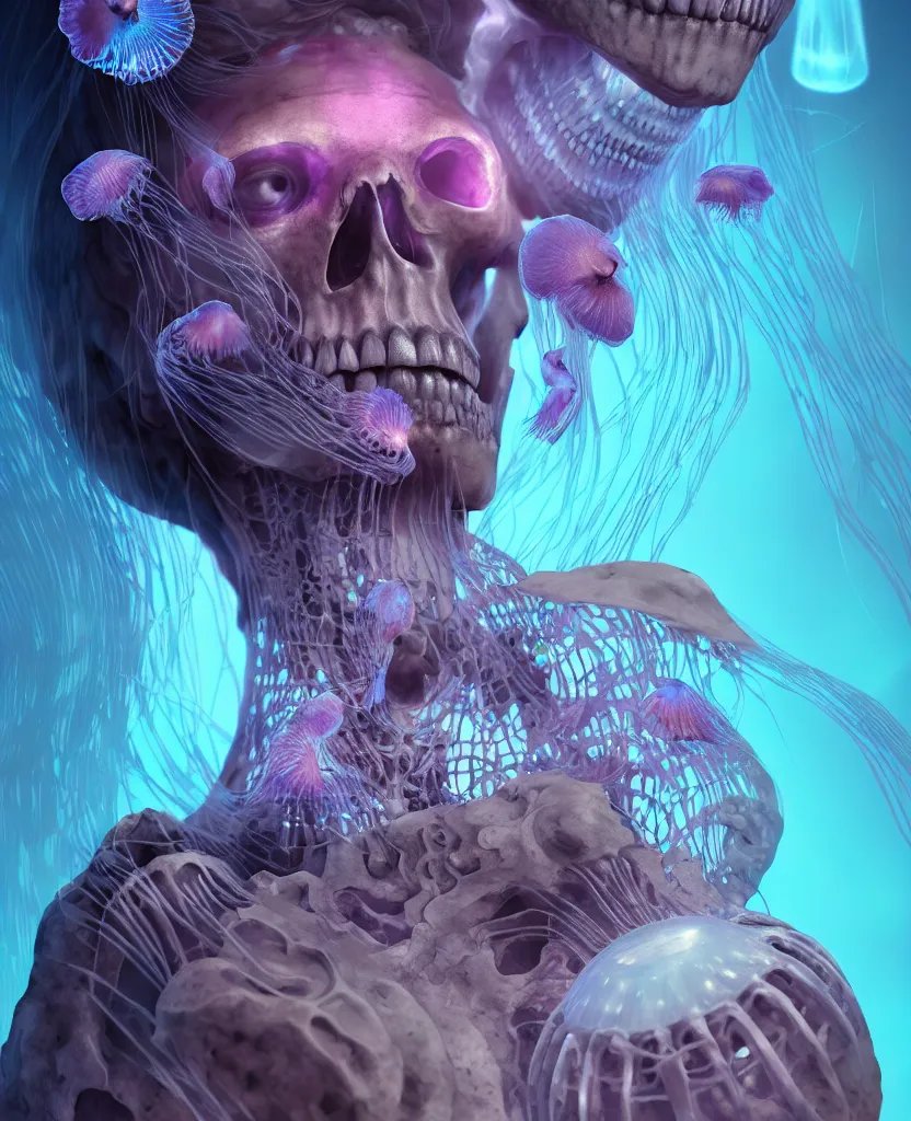 Image similar to goddess close - up portrait human skeleton, ram skull, jellyfish, orchid, betta fish, bioluminiscent, intricate artwork by tooth wu and wlop and beeple. octane render, trending on artstation, greg rutkowski very coherent symmetrical artwork. cinematic, hyper realism, high detail, octane render, 8 k