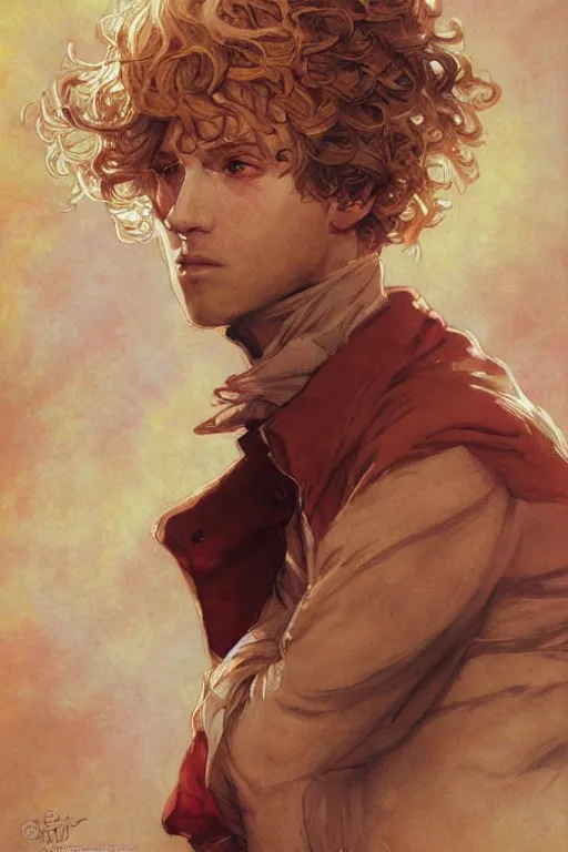 Image similar to portrait of enjolras from les miserables, ray of light, highly detailed, shimmering and prismatic, rococo, by krenz cushart and mucha and monet, trending on artstation.