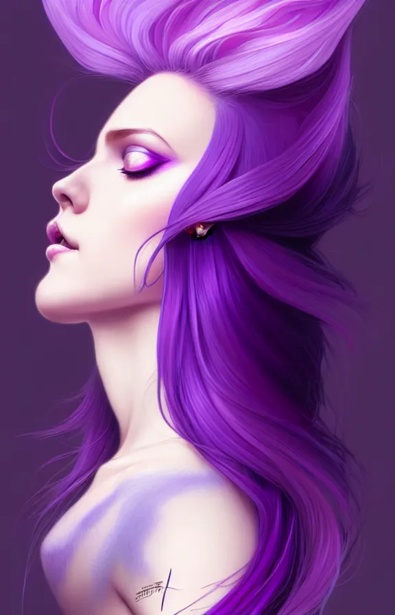 Image similar to Purple hair relistic Portrait of a woman with bright colored flying hair, all shades of purple. Beauty face, Hair coloring, fantasy, intricate, elegant, highly detailed, photorealistic, artstation, concept art, smooth, sharp focus, illustration, art by artgerm and greg rutkowski and alphonse mucha