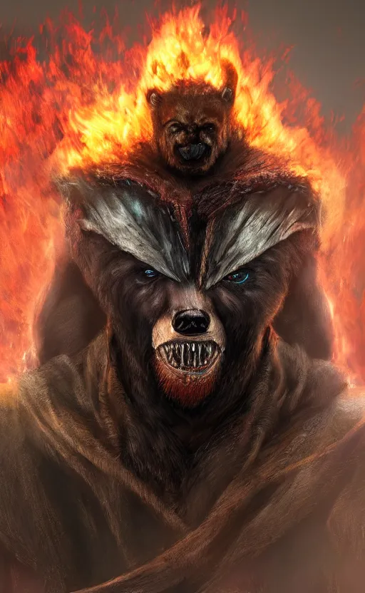 Prompt: portrait of a bear beast - man wearing a turban, with fire in his eyes, wear bloodborne, concept art trending on artstation photorealistic image 8 k