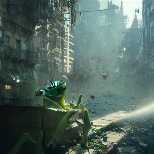 Image similar to a still of kermit the frog in inception, realistuc movie by cory loftis, fenghua zhong, ryohei hase, ismail inceoglu and ruan jia. volumetric light, detailed, octane render, horizon zero dawn