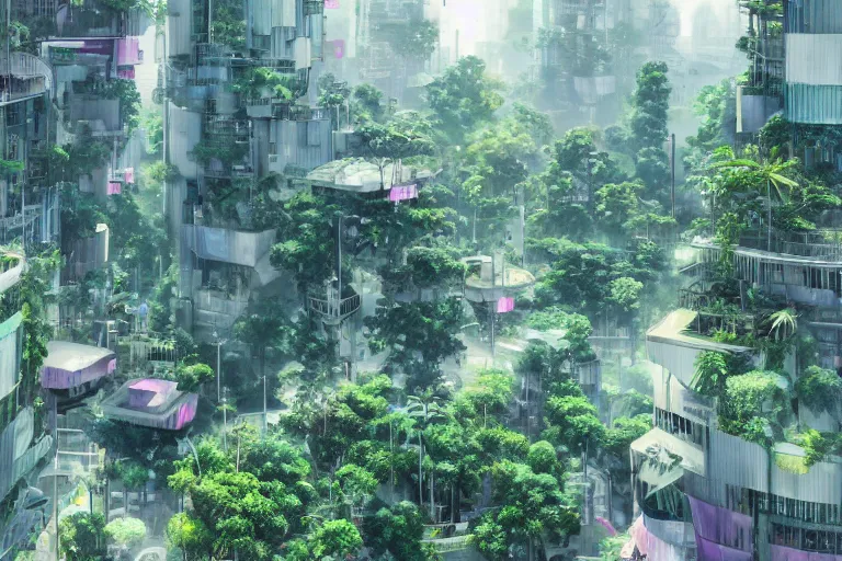 Image similar to futuristic city, lush vegetation, humid, early evening, diagonal view, geometric buildings, cloudy, beautiful, dull pastel colors, realistic, hyper detailed, octane render, trending on artstation by yoshitaka amano and makoto shinkai, studio ghibli style