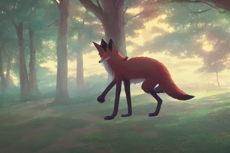 Prompt: an anthropomorphic fox traveler walks along an endless path amongst a towering forest, anime key visual, lois van baarle, ilya kuvshinov, rossdraws, artstation, furaffinity