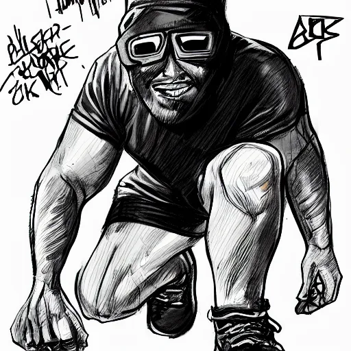 Image similar to sketch of a short stocky buff guy in a plain black t - shirt and cargo shorts, wearing a red ski mask over his entire face, black ski goggles, detailed, dramatic lighting, by ethan van sciver, artstation