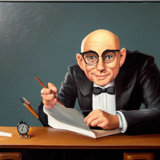 Prompt: realistic oil painting of bald man with big ears and glasses ticking boxes at a desk, dramatic light