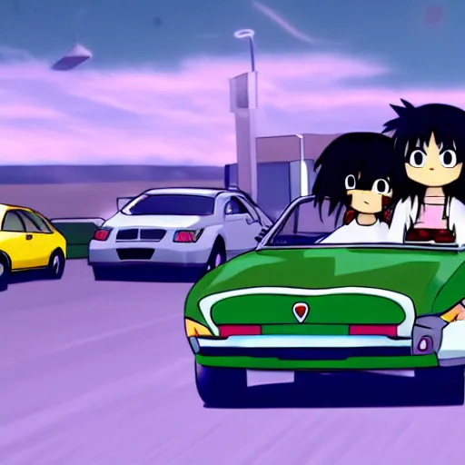 Image similar to Characters from Azumanga Daioh driving a car, in the style of azumanga daioh, 4k, dynamic lighting