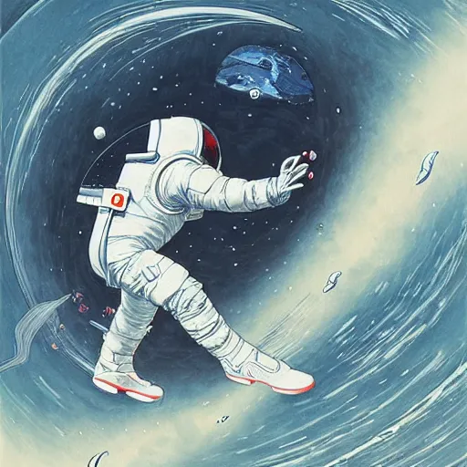 Image similar to james jean artwork of an astronaut drifting in space staring at the earth