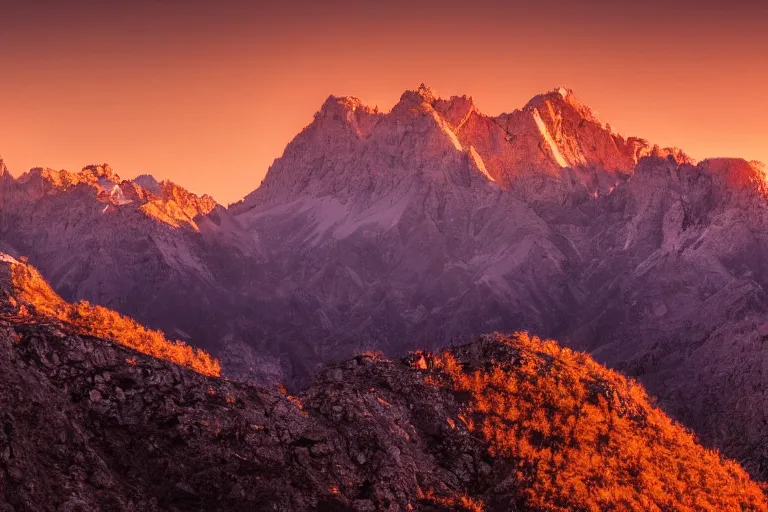 Prompt: a movie still of a mountain landscape at sunset, golden hour