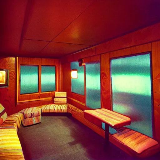 Image similar to interior view of a 1970s luxury cabin at night with television, friends lounge wearing disco clothing, ektachrome photograph, f8 aperture