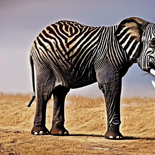 Prompt: an elephant with the fur and stripes of a zebra, national geographic photo, magazine photography