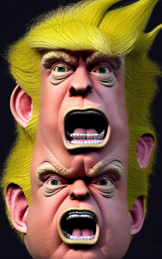 Image similar to hyperrealistic mixed media painting of Donald Trump as a Troll doll, stunning 3d render inspired art by P. Craig Russell and Barry Windsor-Smith + perfect facial symmetry + dim volumetric lighting, head and shoulders, serious expression, 8k octane beautifully detailed render, post-processing, extremely hyperdetailed, intricate, epic composition, grim yet sparkling atmosphere, cinematic lighting + masterpiece, trending on artstation, very detailed, masterpiece, stunning