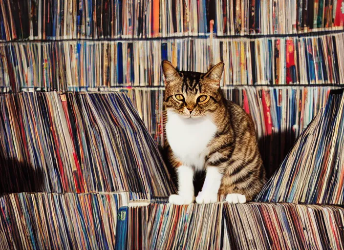 Image similar to photography of a Cat sitting on a pile of books and vinyls. a record player is in the shot. in a room full of vinyls and posters out of the 70's, photorealistic, raining award winning photo, 100mm, sharp, high res