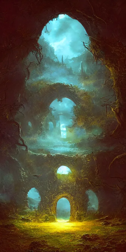 Image similar to fantasy world portal by Tim White dramatic lighting, cinematic establishing shot, extremely high detail, photorealistic, cinematic lighting