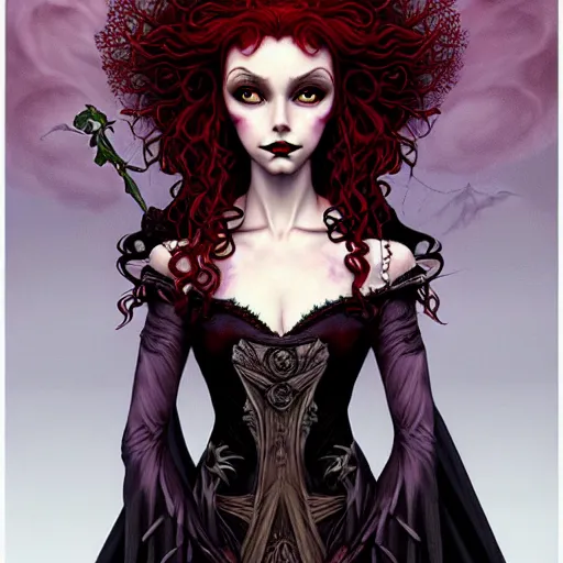 Image similar to a dark gothic version of Princess Merida, face, fantasy, intricate, elegant, highly detailed, digital painting, artstation, concept art, smooth, sharp focus, illustration, art by Gerald Brom and Jasmine Becket-Griffith and Fernanda Suarez and alphonse mucha