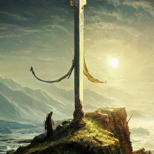 Image similar to a legendary epic landscape resembling the ace of swords tarot card by greg rutkowski, painterly!!, highly detailed