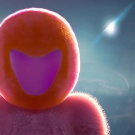 Image similar to an alien with a face that looks like a fuzzy peach the peach is fuzzy pink warm and ripe the alien has horns and a mean smile, 4k, highly detailed, high quality, amazing, high particle effects, glowing, majestic, soft lighting