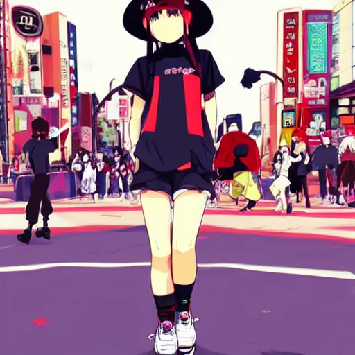 Prompt: 1 5 - year - old french anime girl, black beret with red star, black t - shirt with red star, black shorts, rollerblading, rollerskates, four humanoid bears, 2 0 0 1 anime, flcl, jet set radio future, golden hour, japanese town, cel - shaded, strong shadows, vivid hues, y 2 k aesthetic