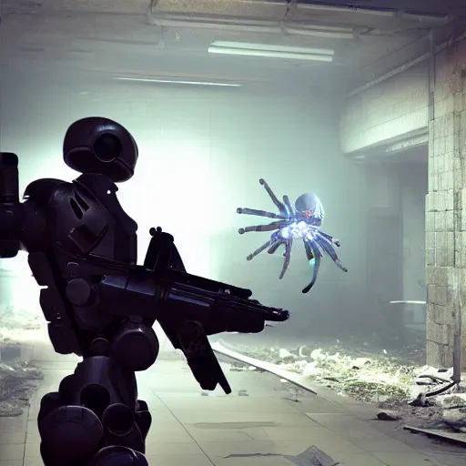 Prompt: combine soldier shooting an robot spider in an abandoned subway, award winning, trending on artstation, unreal engine