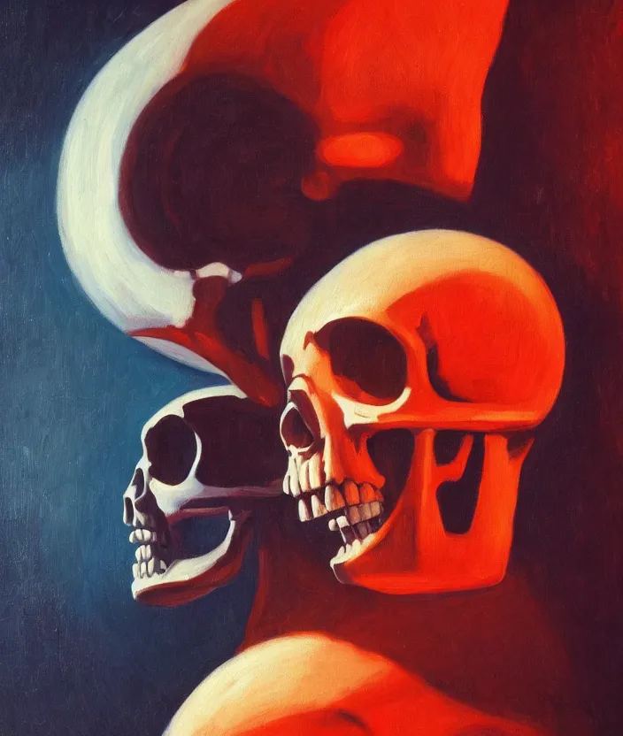 Prompt: a portrait of an astronaut with a skull head, cinematic and highly detailed oil painting by edward hopper, oil painting masterpiece, symmetry, mysterious, very aesthetic, cinematic and dramatic red light, 4 k,