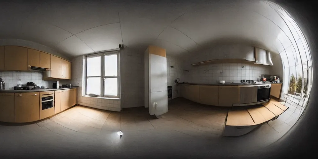 Prompt: minimalistic kitchen dim lit by a candle simon stalenhag, fisheye camera, extreme perspective