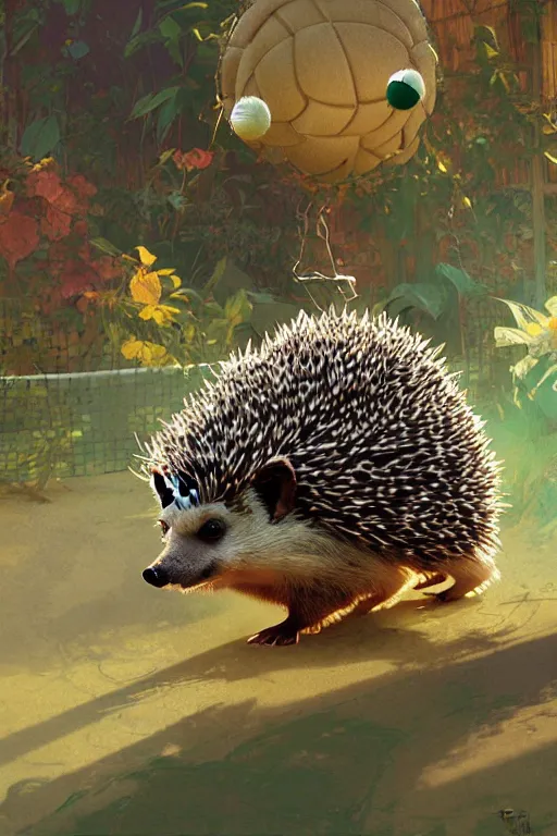 Prompt: A hedgehog playing tennis. colorlpunk art and illustration by tian zi and craig mullins and WLOP and alphonse mucha, fantasy, intricate complexity, hyperrealism 8k