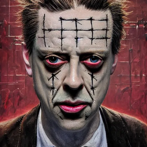 Image similar to hyperrealistic mixed media high resolution painting of (Steve Buscemi) disguised as !!Hellraiser!!, stunning 3d render inspired art by Jamie Salmon and István Sándorfi and Greg Rutkowski, perfect facial symmetry, dim volumetric lighting, 8k octane beautifully detailed render, full body shot, post-processing, extremely hyper-detailed, intricate, epic composition, highly detailed attributes, highly detailed atmosphere, cinematic lighting, masterpiece, trending on artstation, very very detailed, masterpiece, stunning, flawless completion, lifelike texture, perfection,