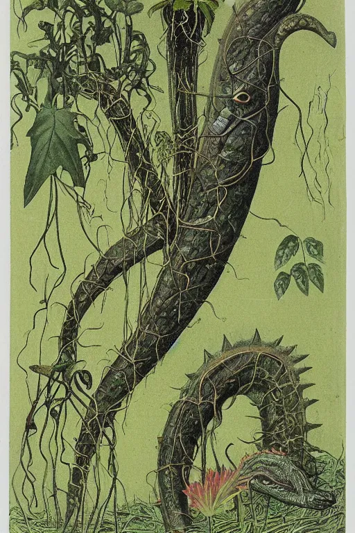 Image similar to a carnivorous plant with a long vine and the head of a alligator, vicious snapping alligator plant, side view of a plant showing roots stem and bud, plant photograph showing roots underground and plant aboveground, cutout photograph of a plant