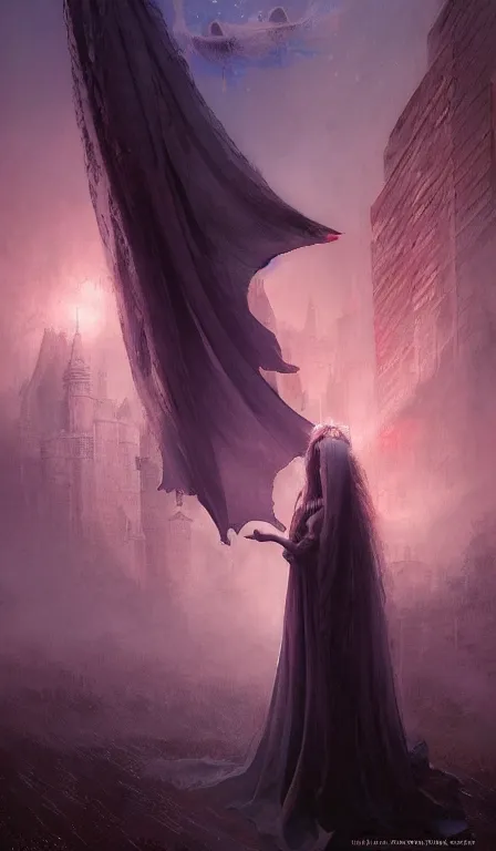 Prompt: goddess of night, dressed in a veil of mist, by marc simonetti