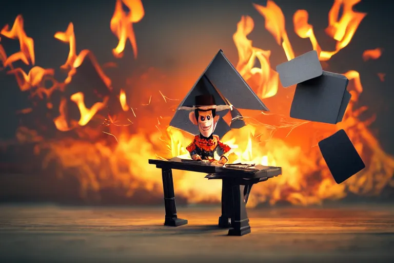 Image similar to Dark Knight Joker building a house of cards on top of a table, with a flaming background. 3d rendering, toy story style, pixar style, distant view, blurred background.