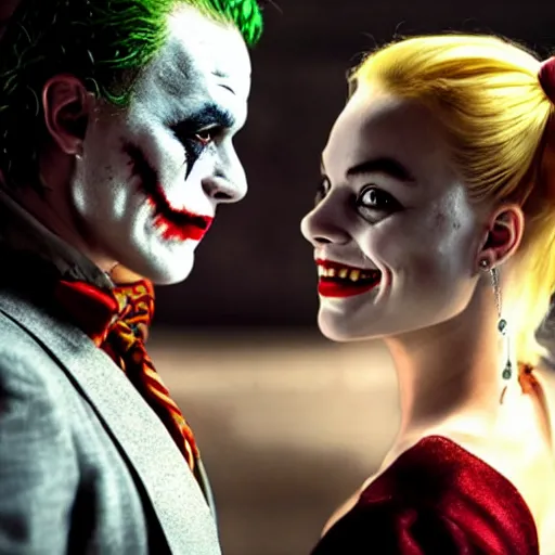 Image similar to heath ledger as the joker and margot robbie as harley quinn, posing shot, cinematic, ultra realistic, low lighting