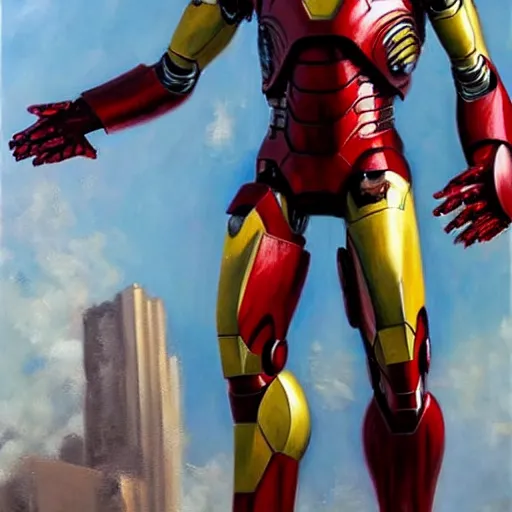 Image similar to photorealistic oil painting of a scrap built iron man suit flying in a post apocalyptic world