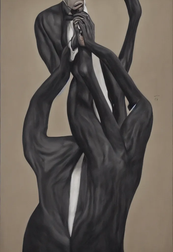 Image similar to a featureless slender humanoid being with long arms, an elegant suit and black, slimy tentacles coming out its shoulders. portrait, hyperrealism, painting by ken currie