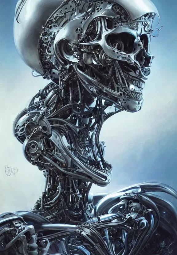 Prompt: perfectly centered portrait, front view of a beautiful biomechanical android alien robot skull, female, flowing hair, intense stare, sarcastic smile, symmetrical, concept art, intricate detail, volumetric shadows and lighting, realistic oil painting by tim hildebrandt and greg rutkowski,