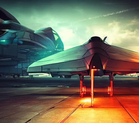 Image similar to fighter pilot stands beside futuristic sci fi fighter jet landed at runway of cyberpunk city, night photo ,dark cinematic lighting , digital concept art