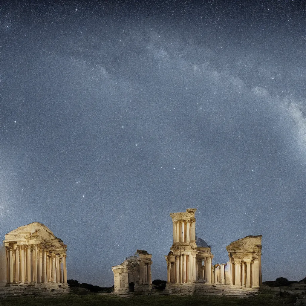 Prompt: starry night roman building made out of white stone bright high contrast cinematic lighting highly detailed 4 k resolution