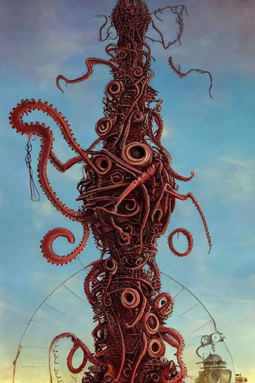 Prompt: lovecraftian biomechanical machine tower with fleshy tendrils, giant eyeball at top!, overlooking dystopian wasteland, highly detailed, colorful with red hues