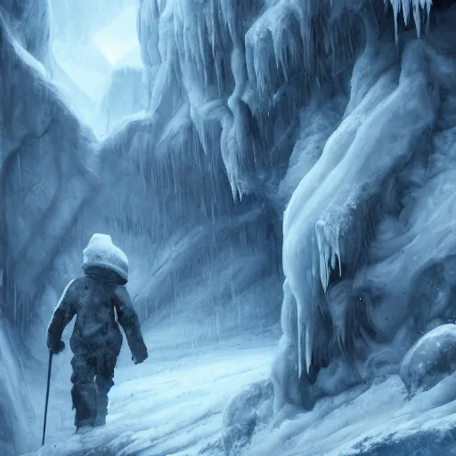 Image similar to a man explores the icy corners from hell, artstation