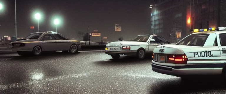 Image similar to NYPD Ford P71 Crown Victoria (2002) police cars chasing a Audi A4 B6 Avant (2002), a gritty neo-noir, dramatic lighting, cinematic, establishing shot, extremely high detail, photorealistic, cinematic lighting, artstation, by simon stalenhag, Max Payne (PC) (2001) winter new york at night, eldritch horror